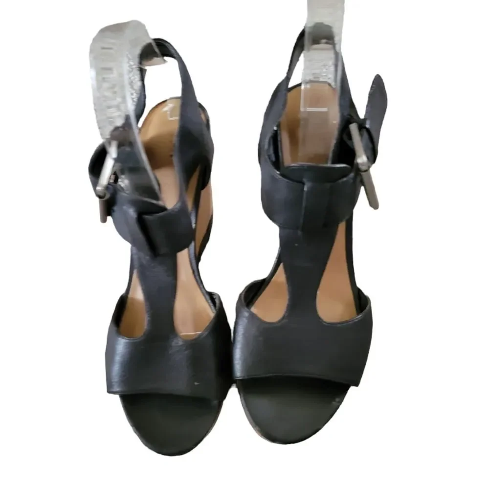 Franco Sarto Shantelle Black Leather & Cork Wedge Sandals Size 9